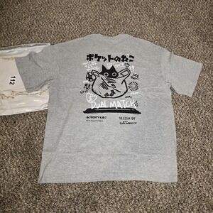 Dual Match Shirt Mens XL Gray Pocket Cat Anime Japanese Graphic Tee Kawaii
